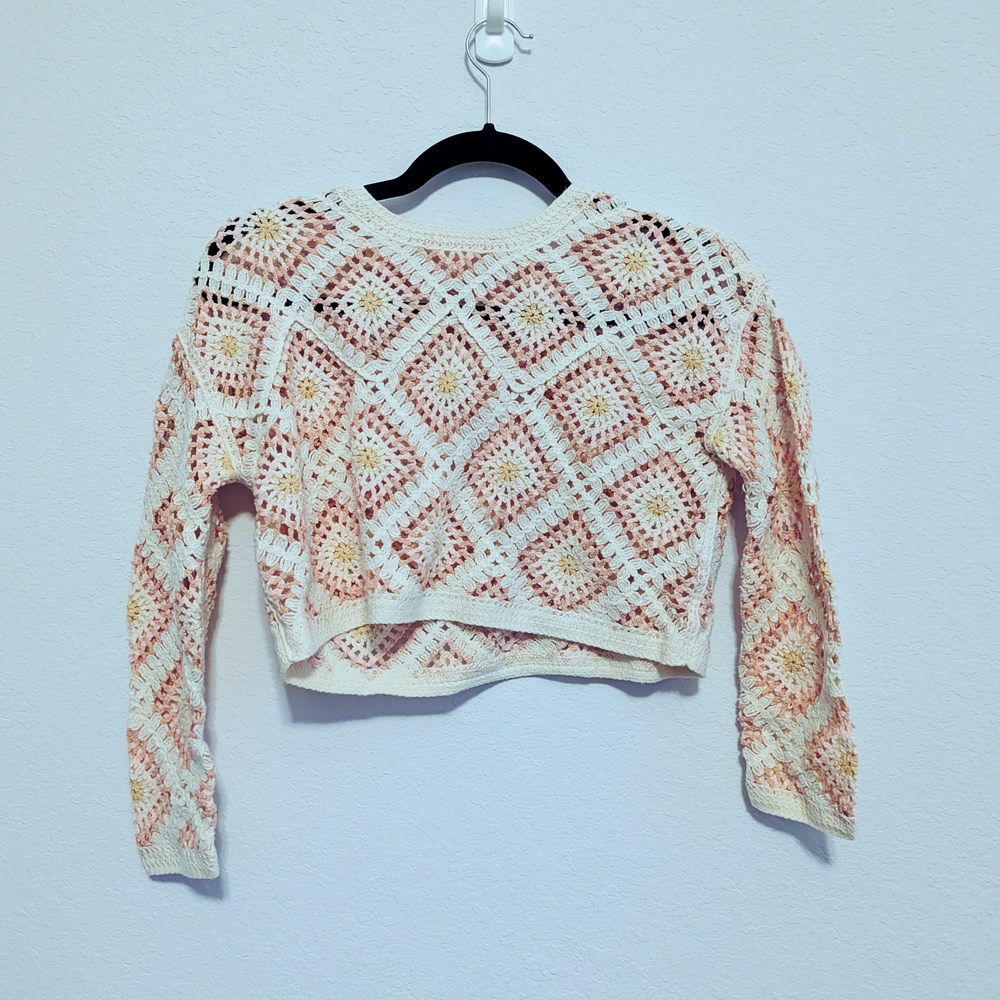 Mini Society Pink and Cream Crochet Cropped Sweater